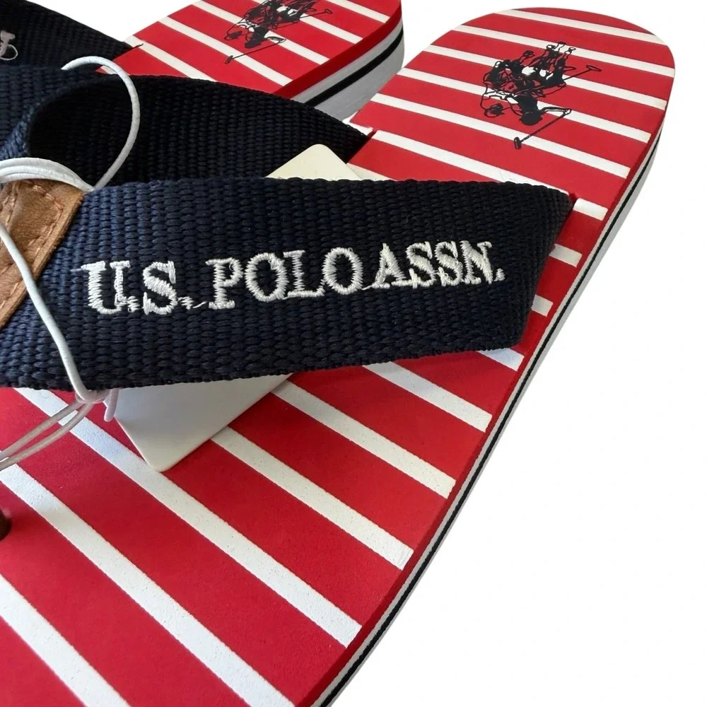 U.S. Polo Assn Womens Flip Flops Size 5-6 Red White Blue Nautical Striped NWT